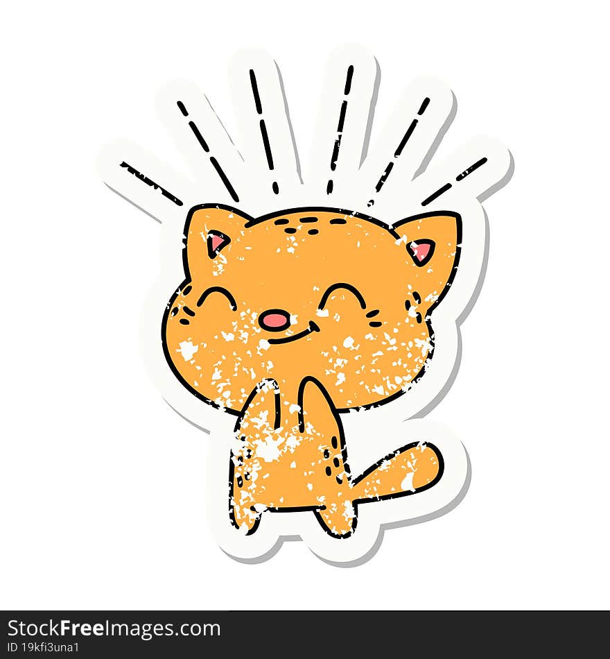 grunge sticker of tattoo style happy cat