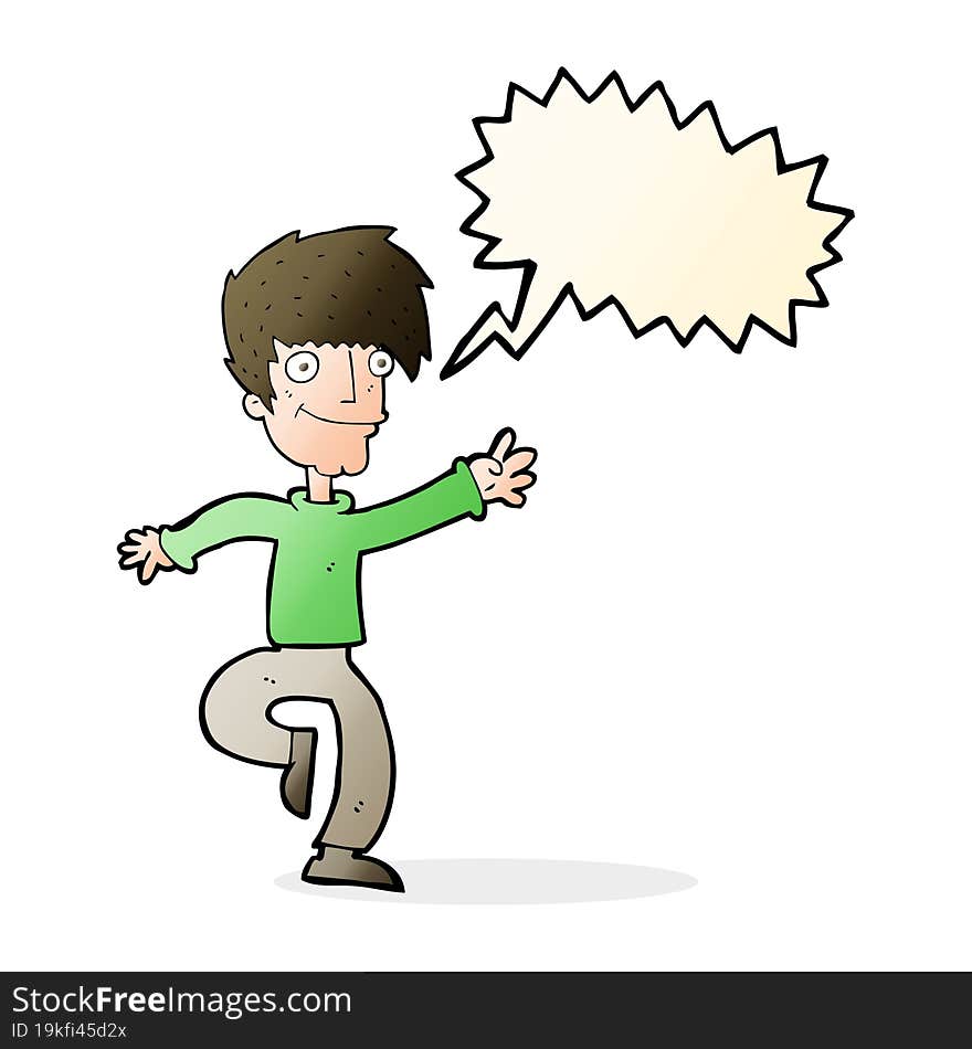 cartoon happy man dancing with speech bubble