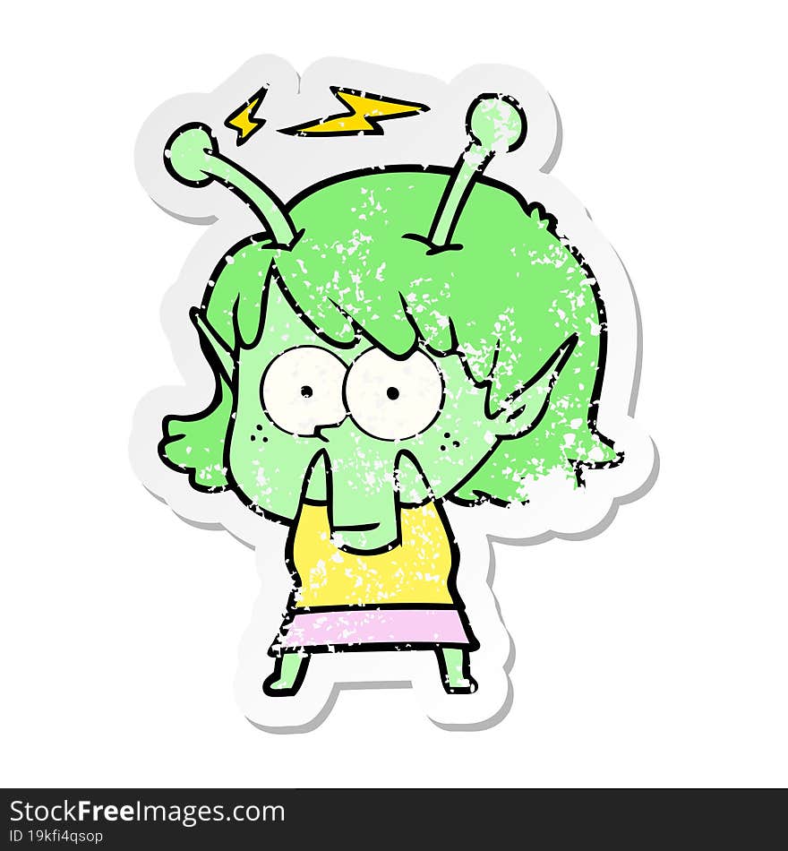 distressed sticker of a cartoon alien girl