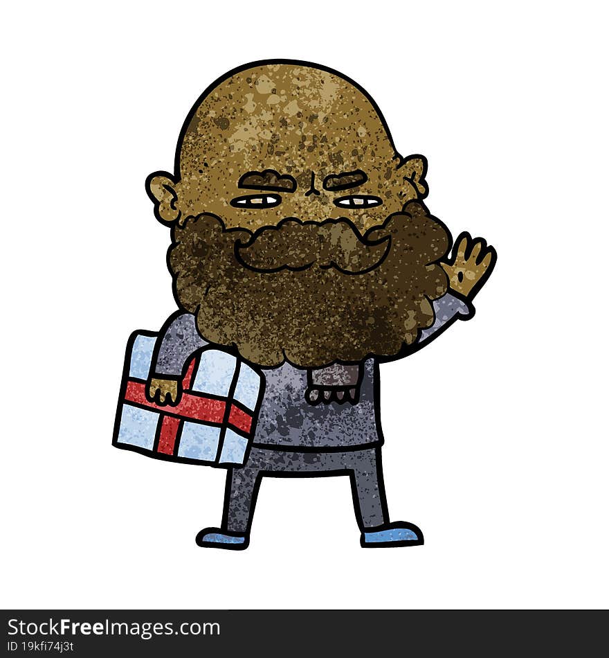 cartoon man with beard frowning with xmas gift. cartoon man with beard frowning with xmas gift