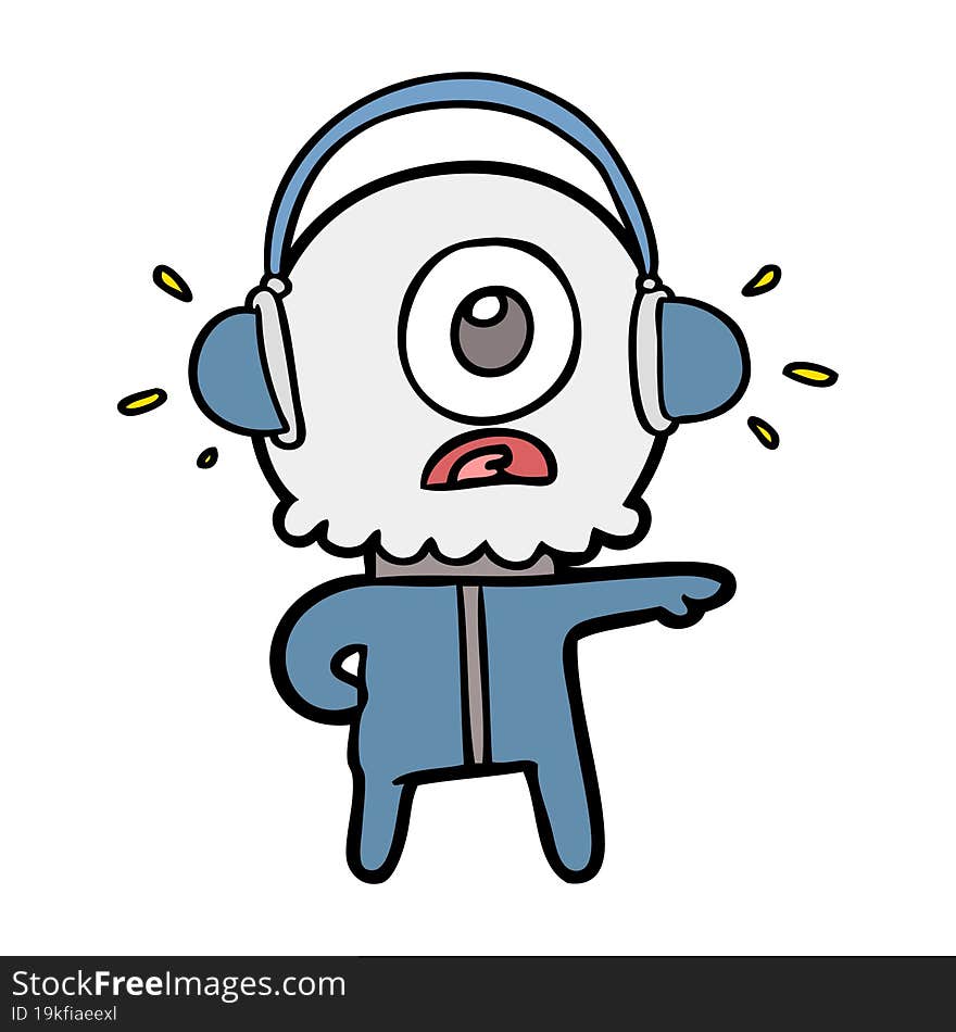 cartoon cyclops alien spaceman listening to music. cartoon cyclops alien spaceman listening to music