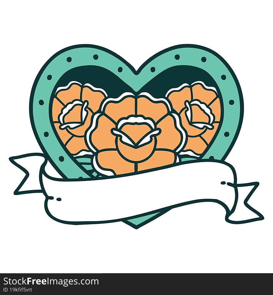 Tattoo Style Icon Of A Heart And Banner With Flowers