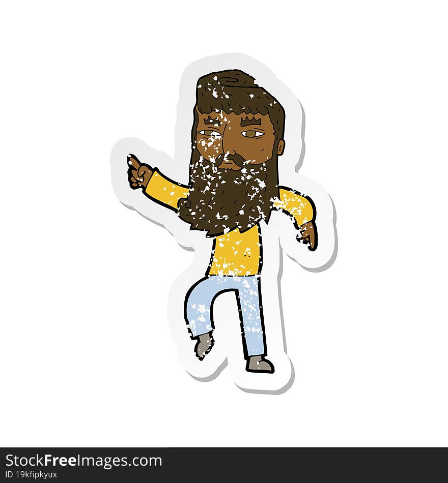 retro distressed sticker of a cartoon bearded man pointing the way