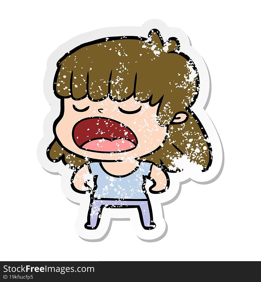 distressed sticker of a cartoon woman talking loudly