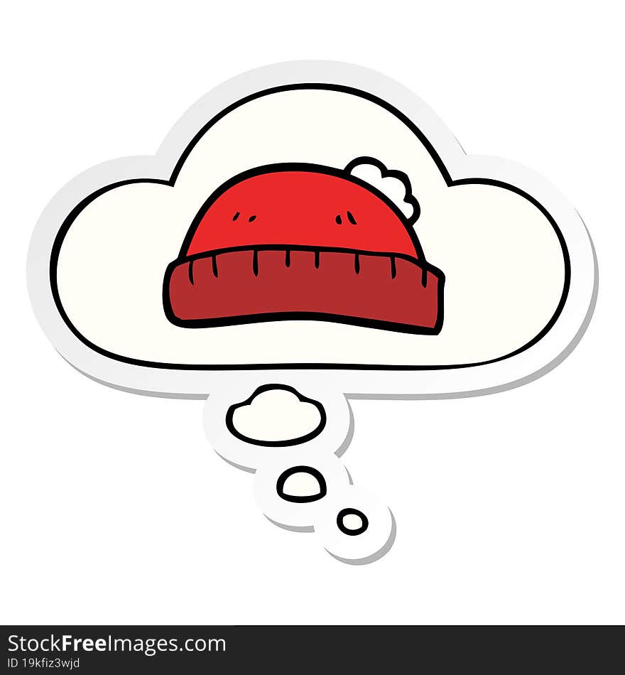 cartoon woolly hat and thought bubble as a printed sticker