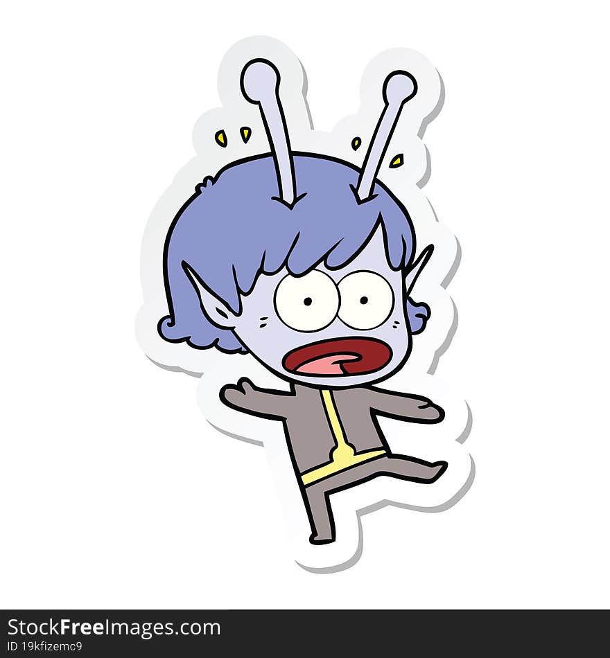 sticker of a cartoon shocked alien girl