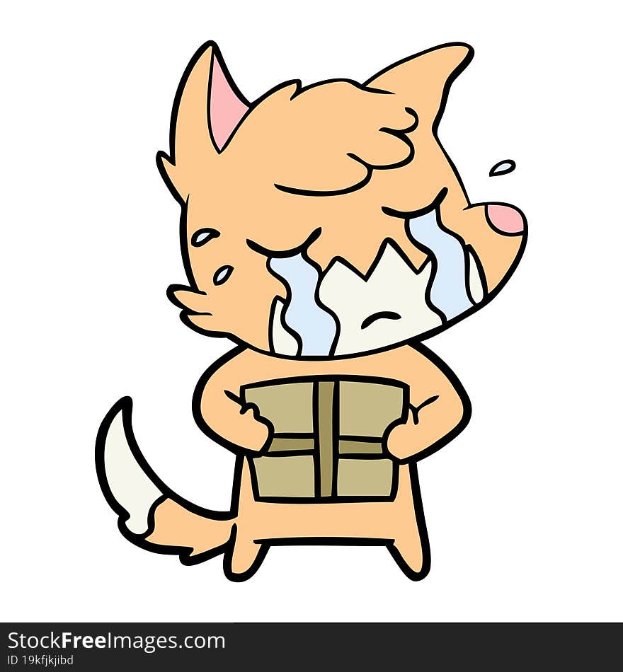 crying fox cartoon with parcel. crying fox cartoon with parcel