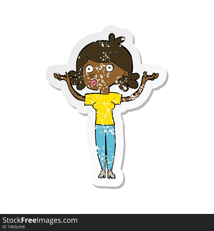 retro distressed sticker of a cartoon woman throwing arms in air