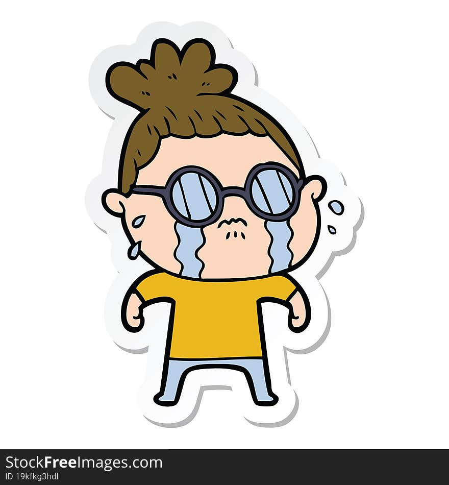 sticker of a cartoon crying woman wearing spectacles