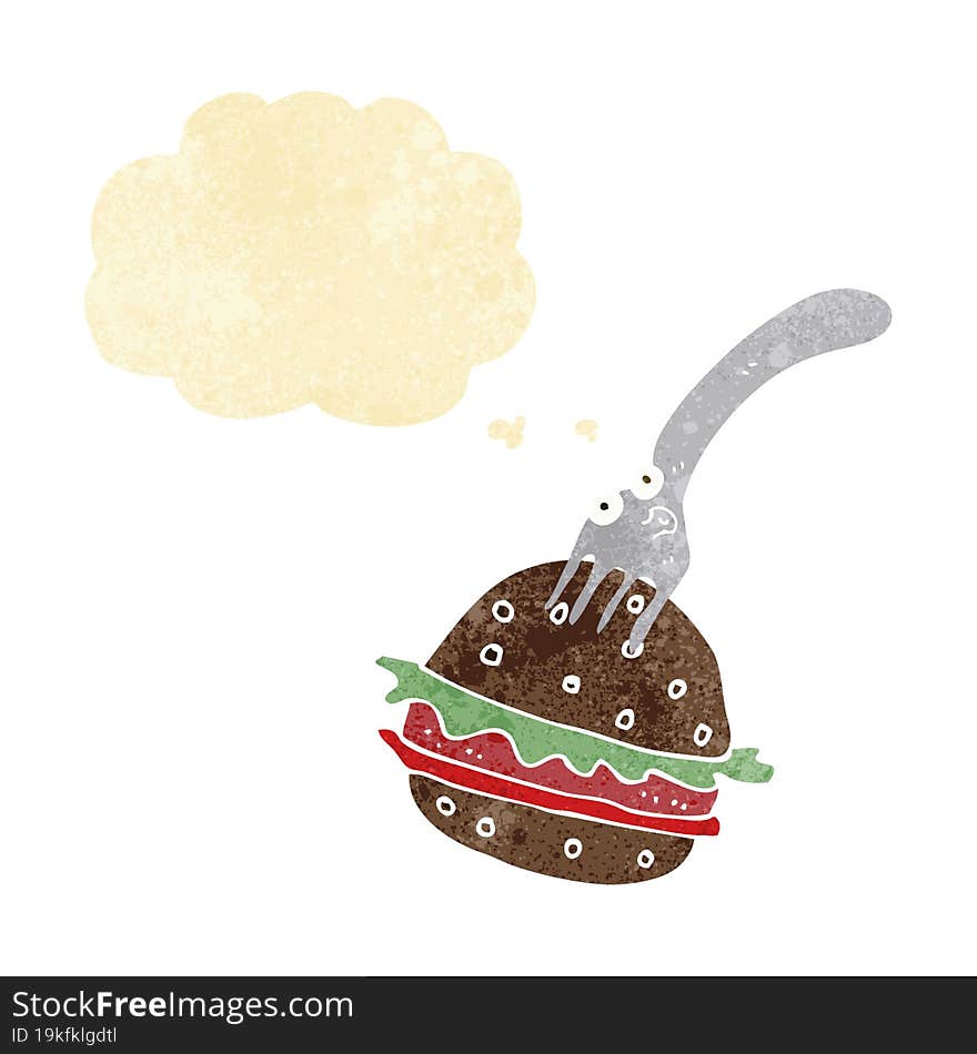 cartoon fork and burger with thought bubble