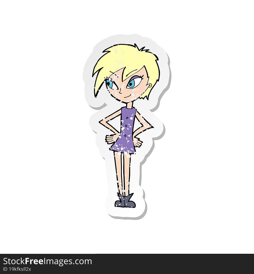 retro distressed sticker of a cartoon girl with hands on hips