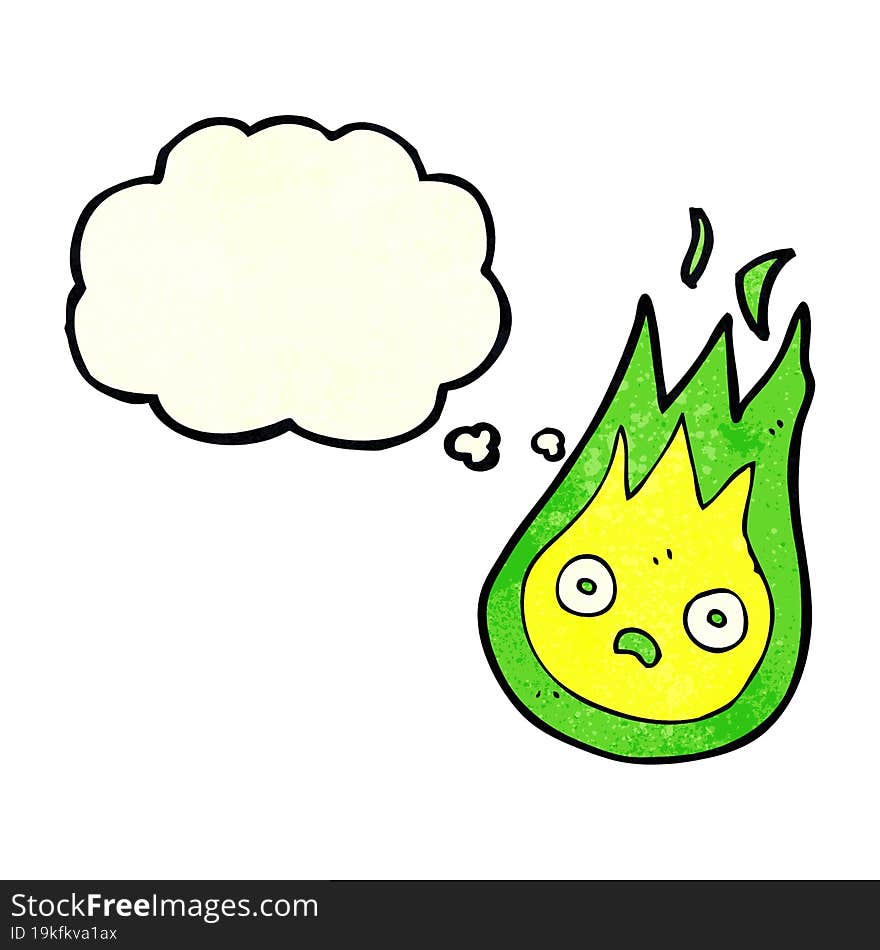 cartoon friendly fireball with thought bubble