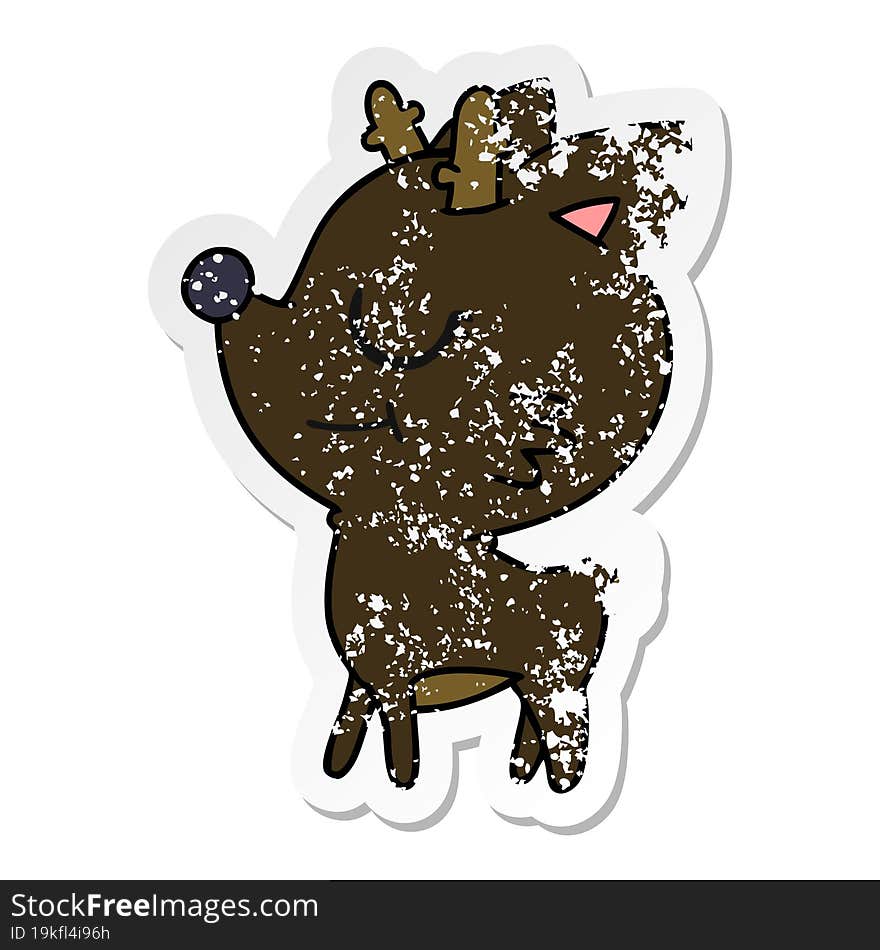 distressed sticker cartoon of cute red nosed reindeer