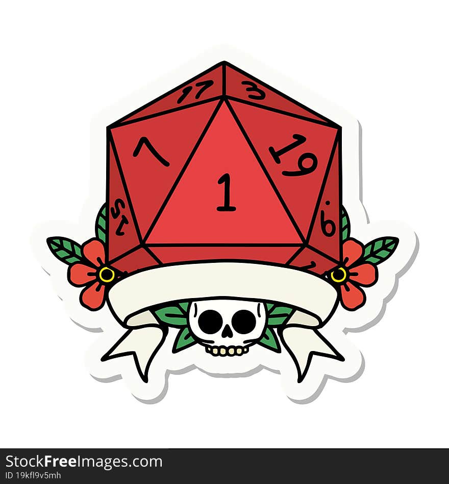 sticker of a natural one d20 dice roll. sticker of a natural one d20 dice roll