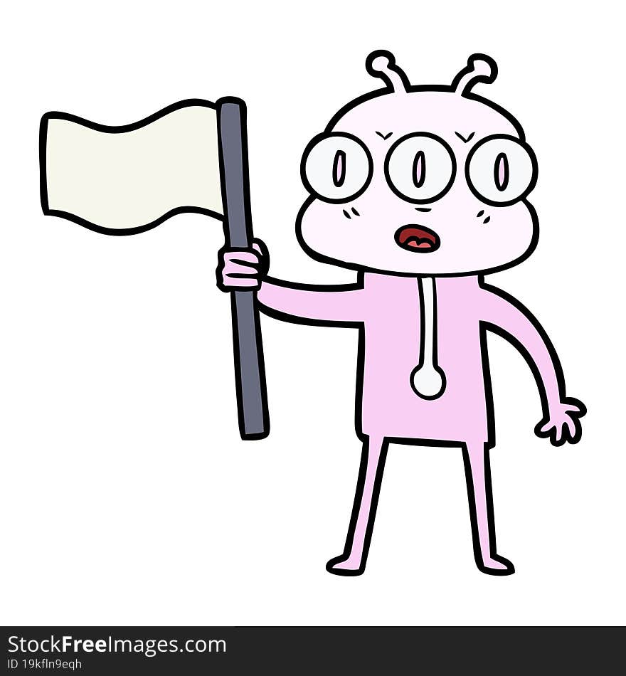 cartoon three eyed alien waving flag. cartoon three eyed alien waving flag