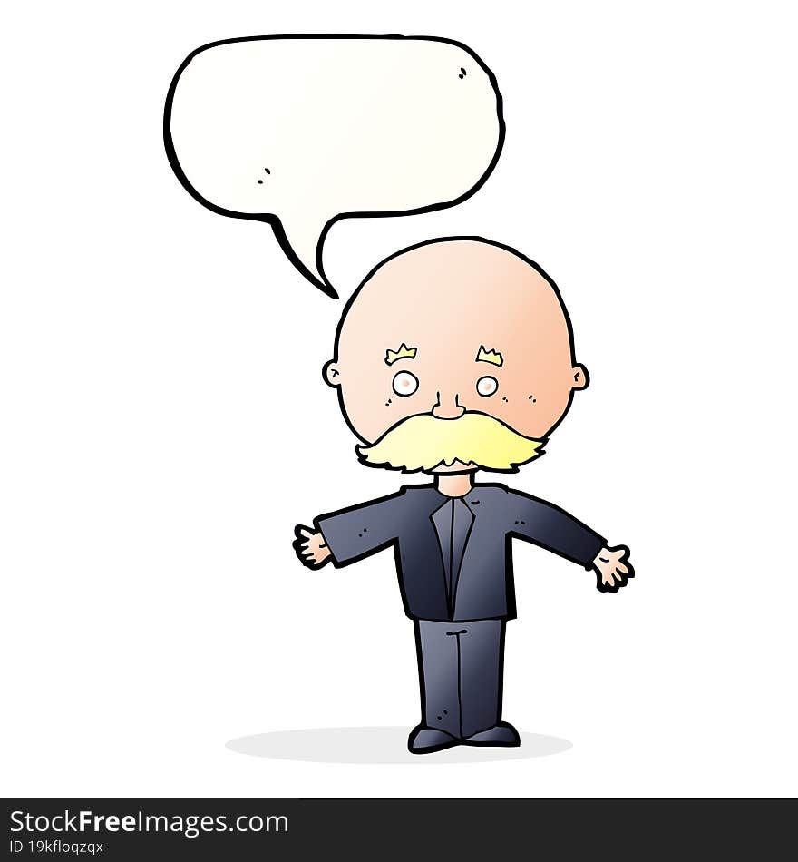 cartoon man with mustache with speech bubble