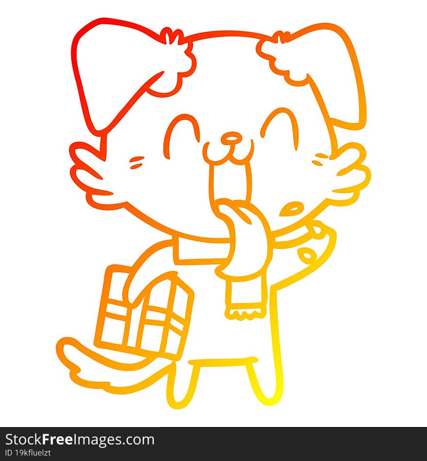 warm gradient line drawing of a cartoon panting dog with present