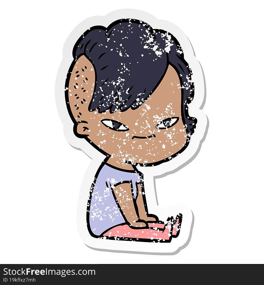 Distressed Sticker Of A Cute Cartoon Girl With Hipster Haircut