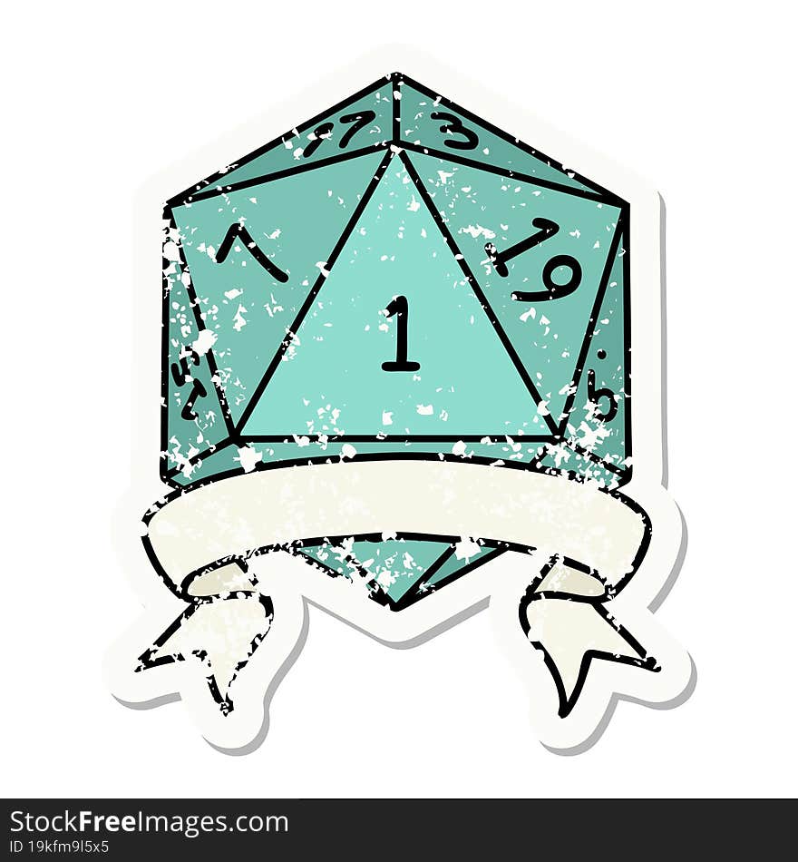 Retro Tattoo Style natural one d20 dice roll. Retro Tattoo Style natural one d20 dice roll