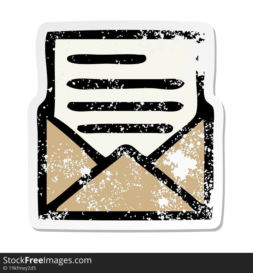 distressed sticker of a cute cartoon letter and envelope