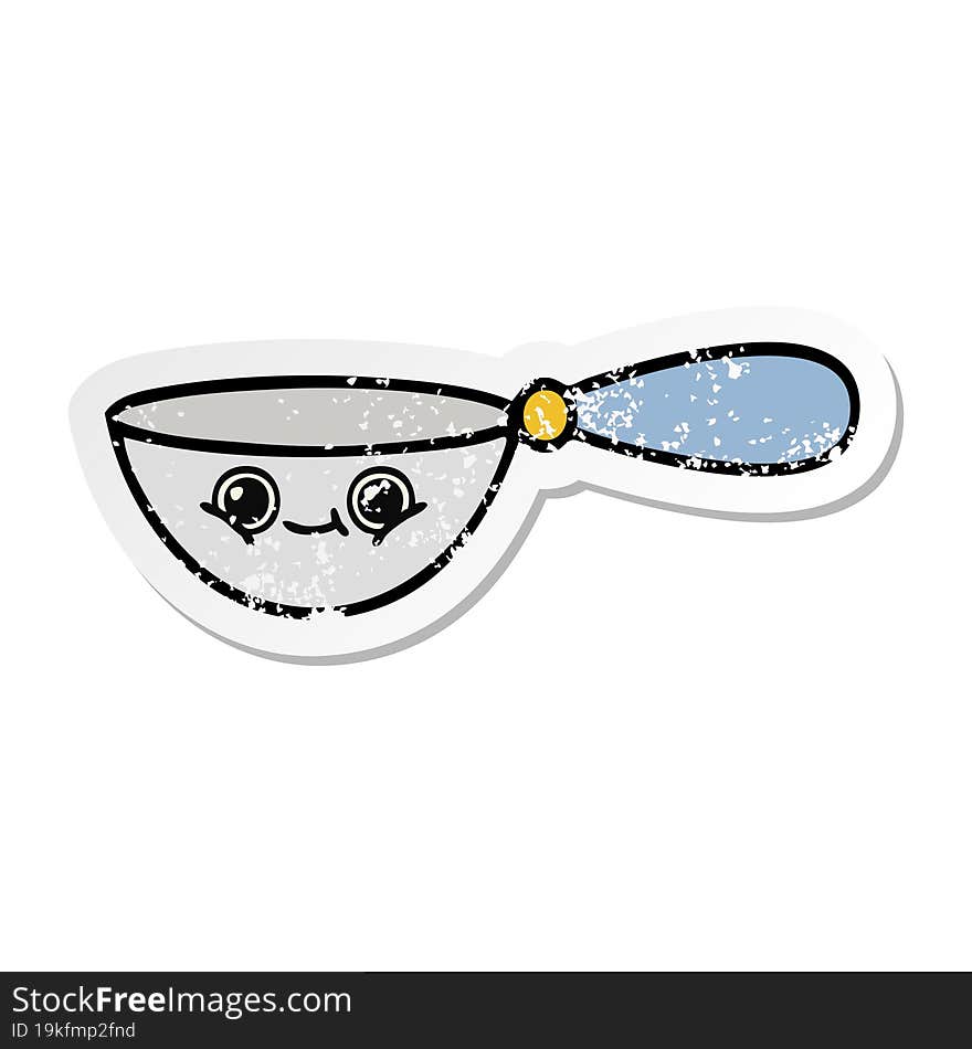 Distressed Sticker Of A Cute Cartoon Measuring Spoon