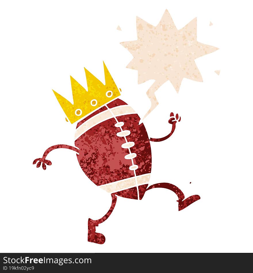 football with crown cartoon  and speech bubble in retro textured style