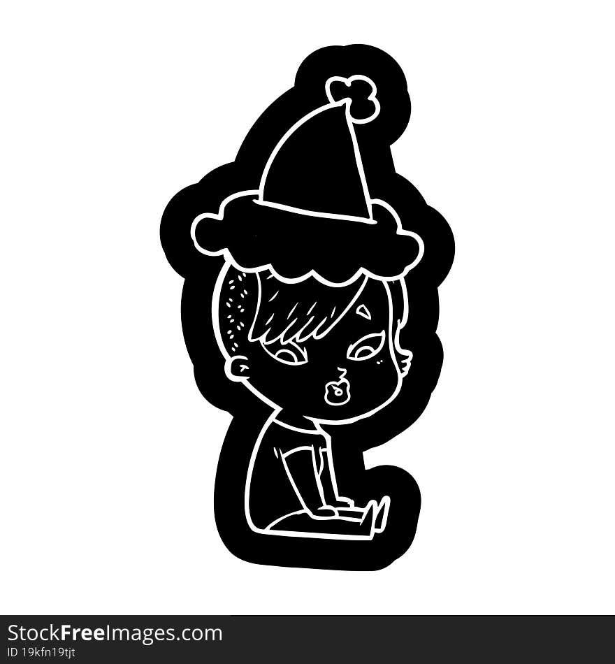 quirky cartoon icon of a surprised girl wearing santa hat