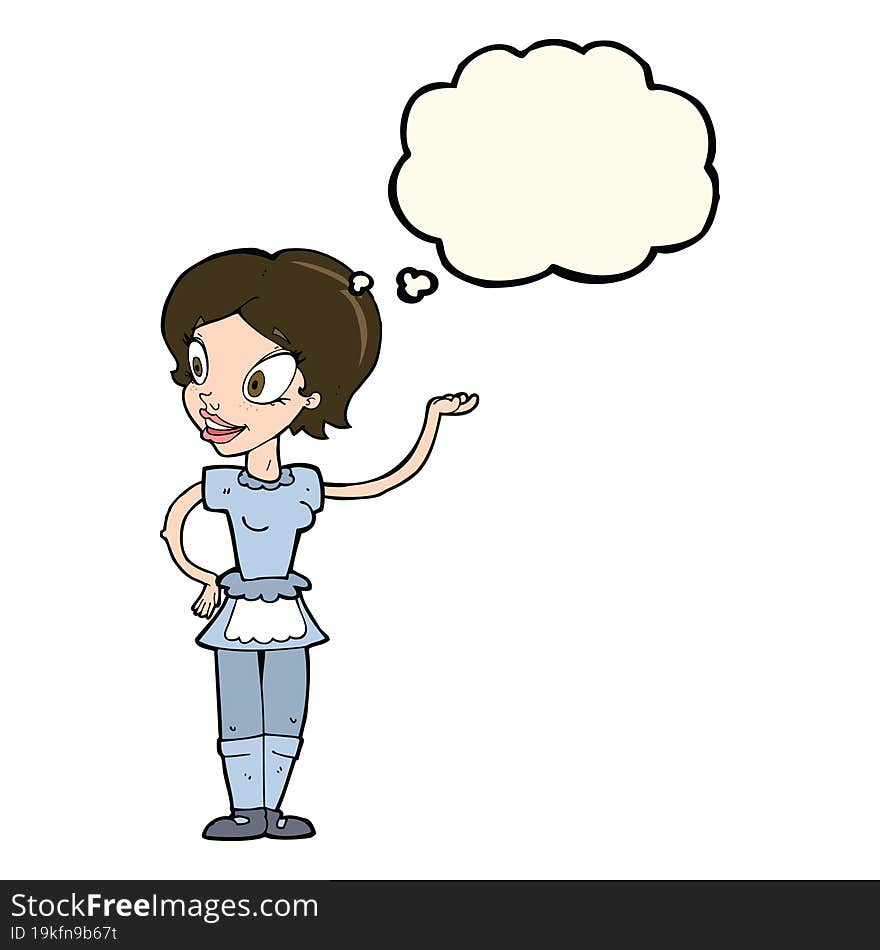 cartoon woman in maid costume with thought bubble