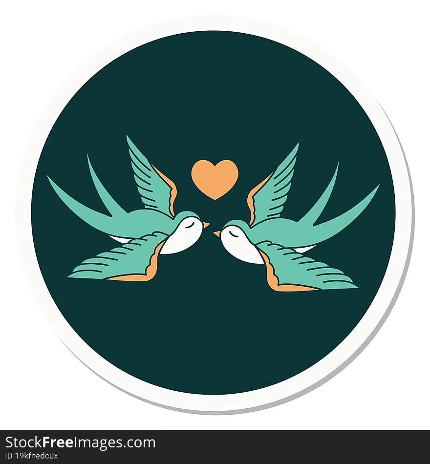 sticker of tattoo in traditional style of swallows and a heart. sticker of tattoo in traditional style of swallows and a heart