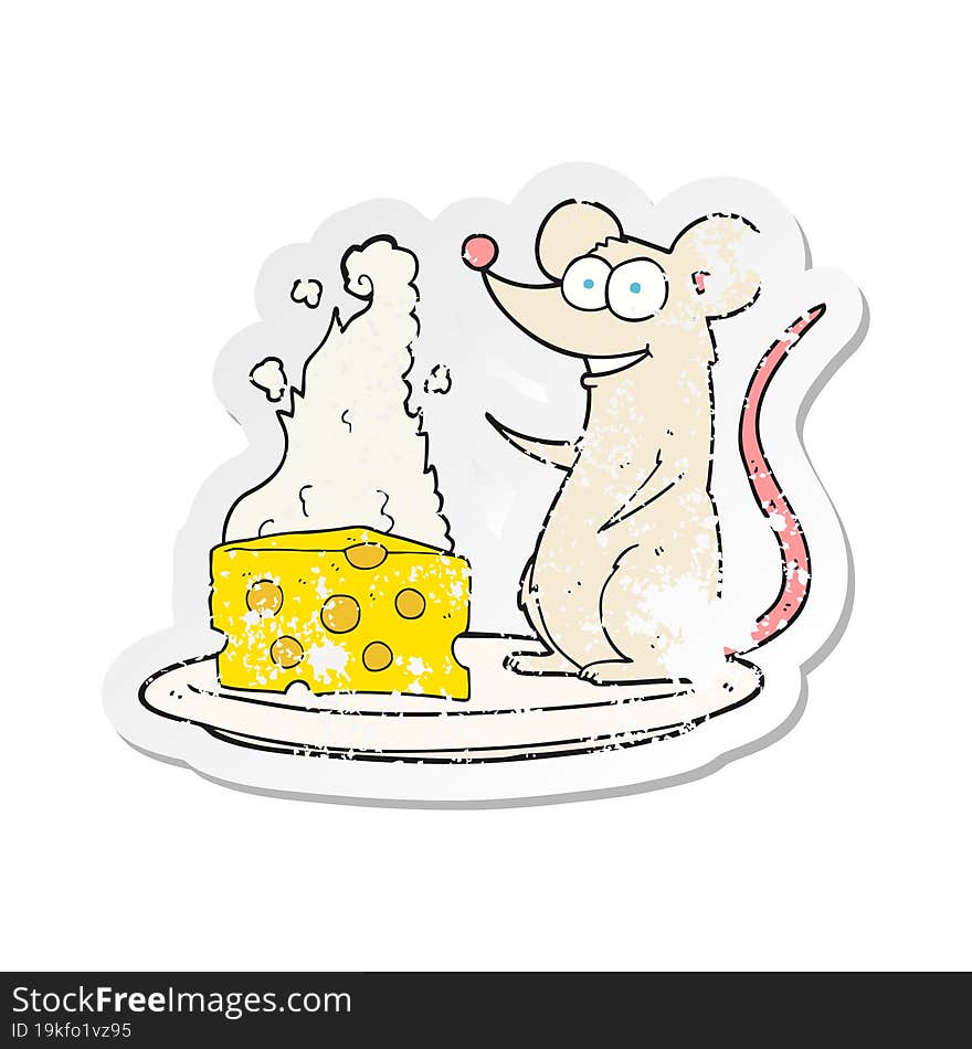 Retro Distressed Sticker Of A Cartoon Mouse With Cheese