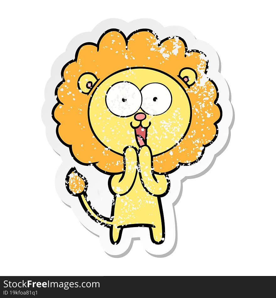 distressed sticker of a happy cartoon lion