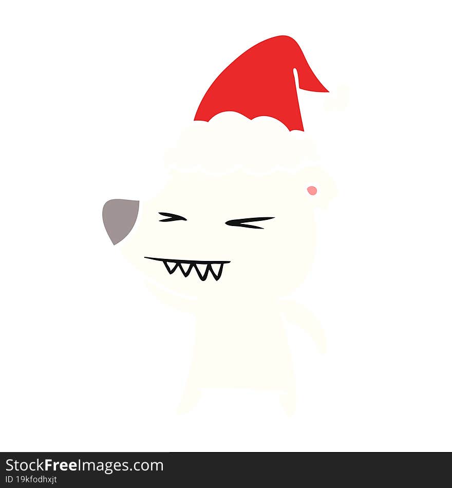 angry polar bear flat color illustration of a wearing santa hat