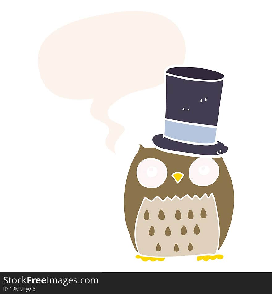 cartoon owl wearing top hat and speech bubble in retro style