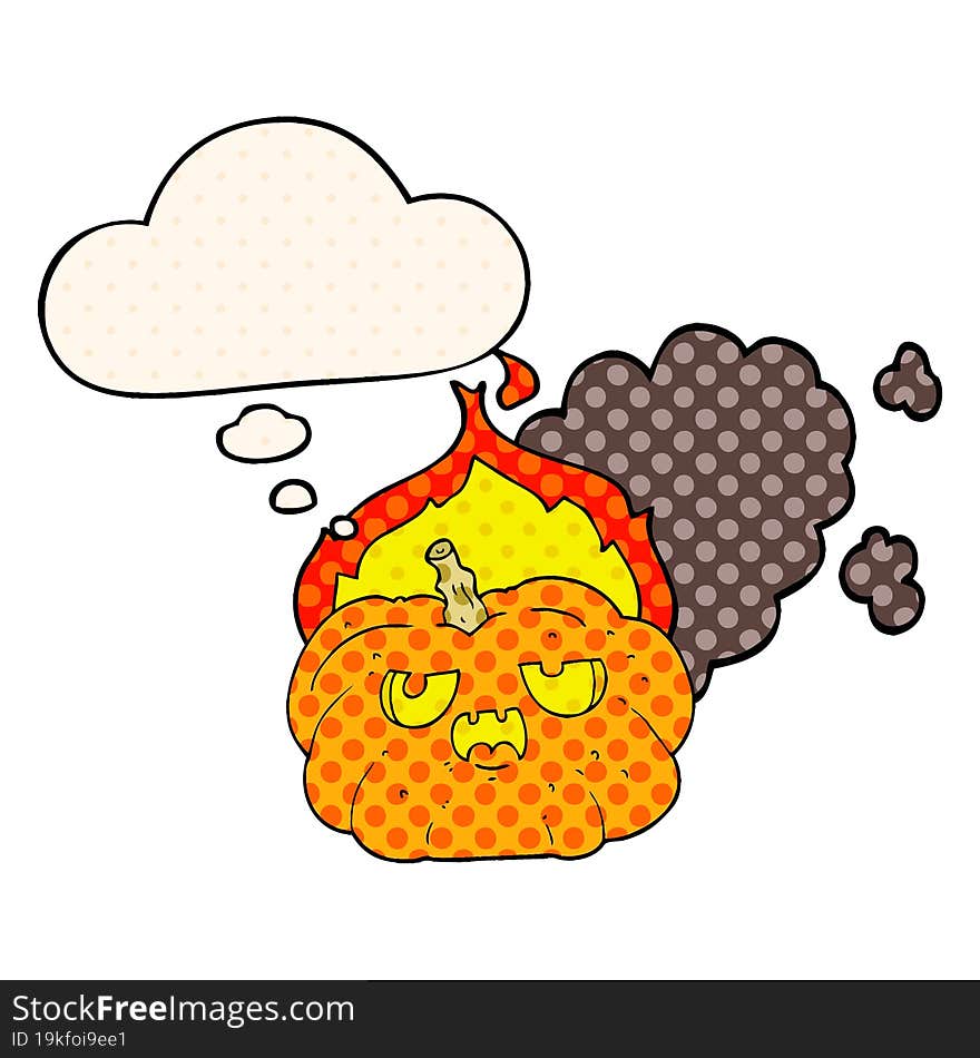 cartoon flaming halloween pumpkin with thought bubble in comic book style