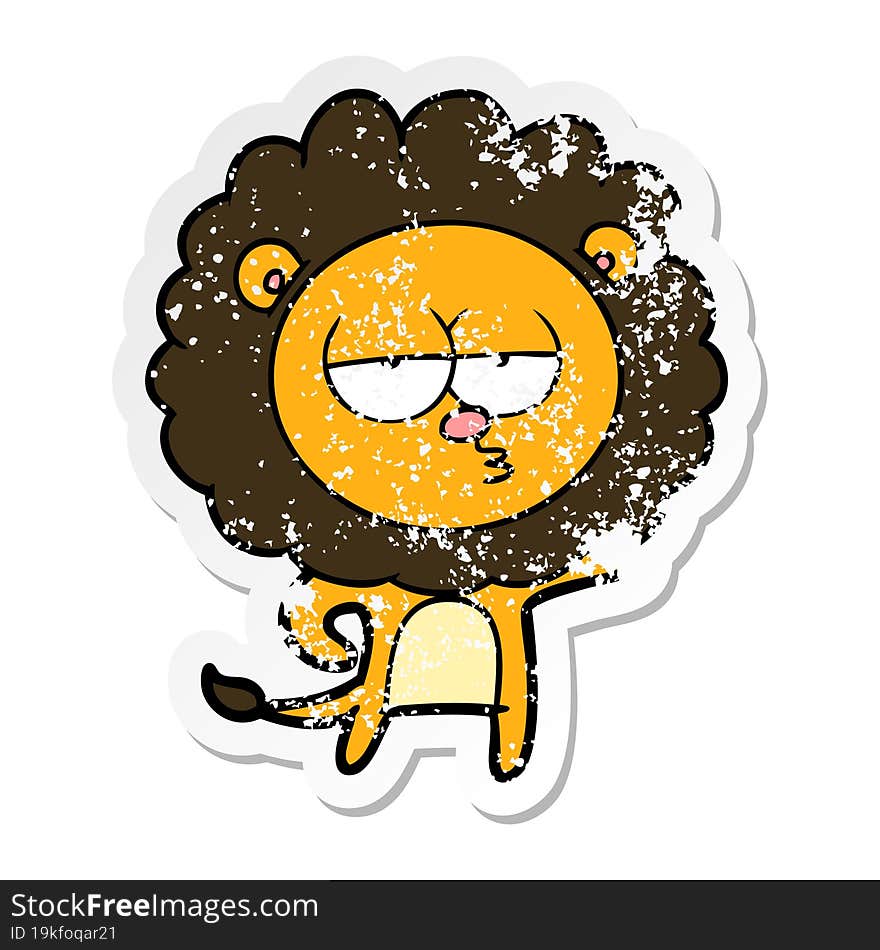 distressed sticker of a cartoon bored lion