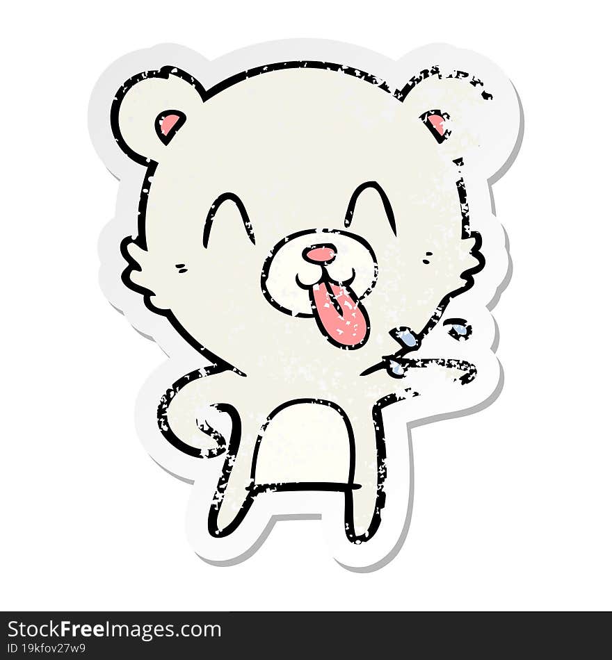 distressed sticker of a rude cartoon polar bear sticking out tongue