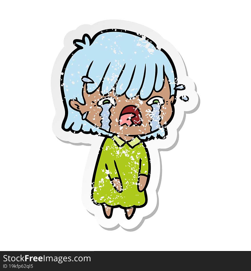 distressed sticker of a cartoon girl crying