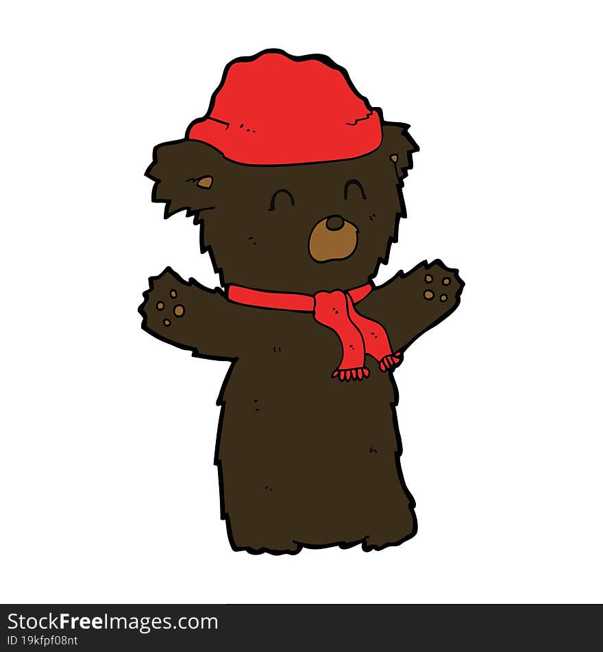 cartooon cute black bear in hat and scarf