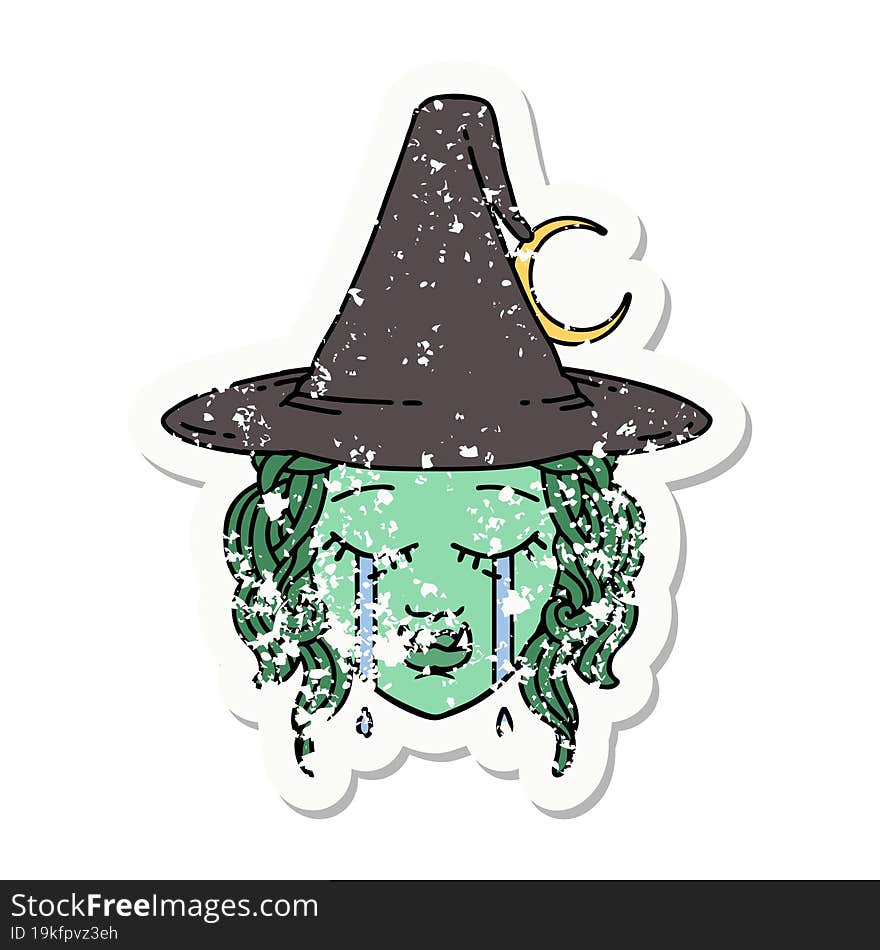 grunge sticker of a crying half orc witch character face. grunge sticker of a crying half orc witch character face