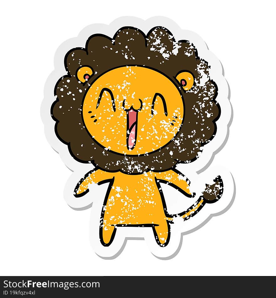 distressed sticker of a happy cartoon lion