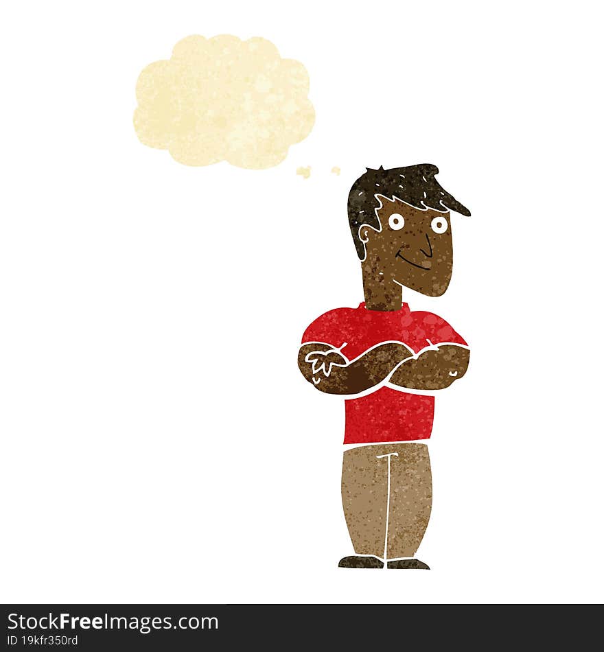 cartoon muscular man with thought bubble