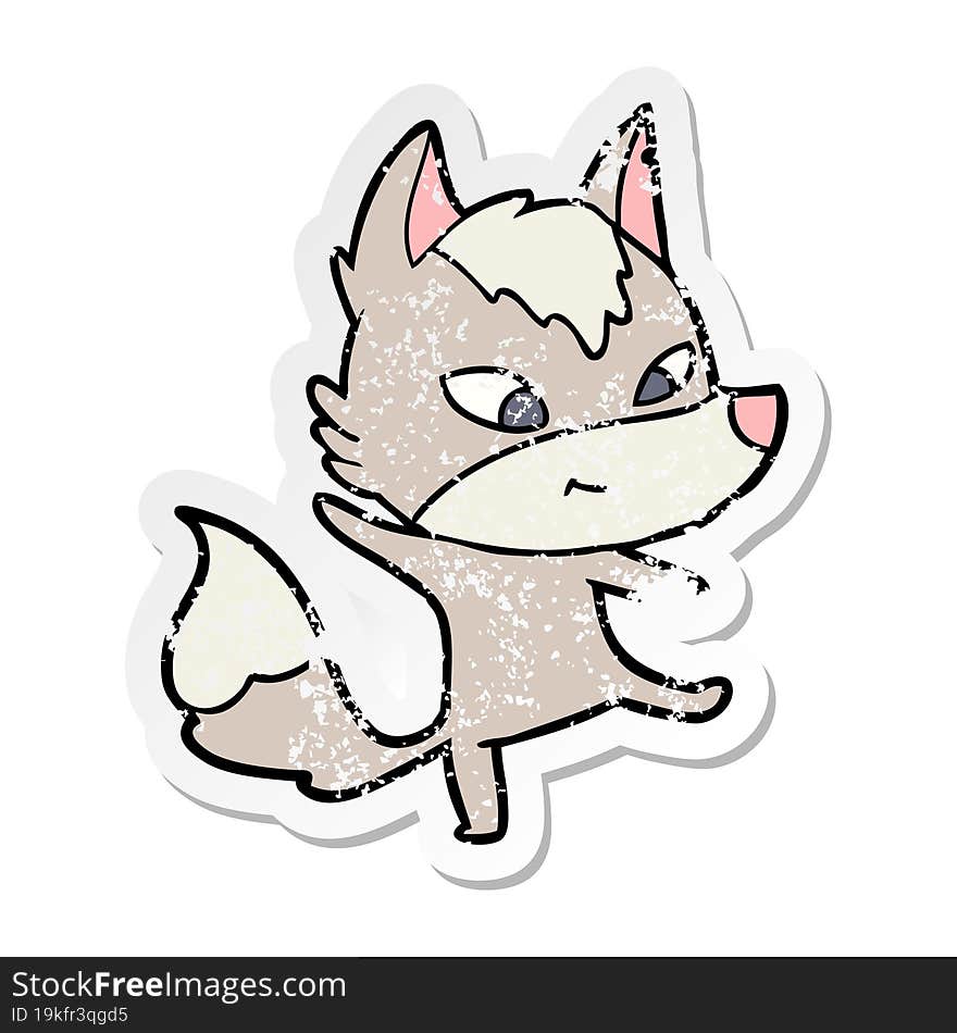 distressed sticker of a friendly cartoon wolf dancing