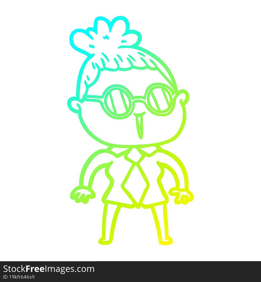 cold gradient line drawing of a cartoon woman wearing spectacles