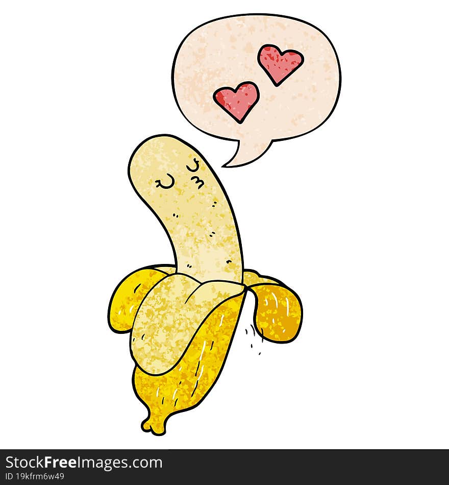 cartoon banana in love with speech bubble in retro texture style