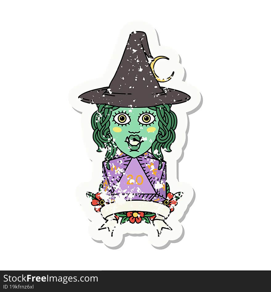 half orc witch character with natural 20 dice roll illustration