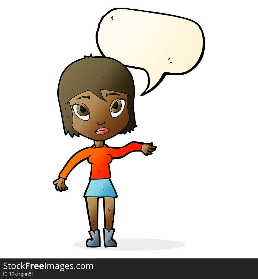 cartoon woman waving hand with speech bubble