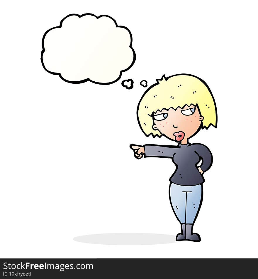 cartoon annoyed woman pointing with thought bubble