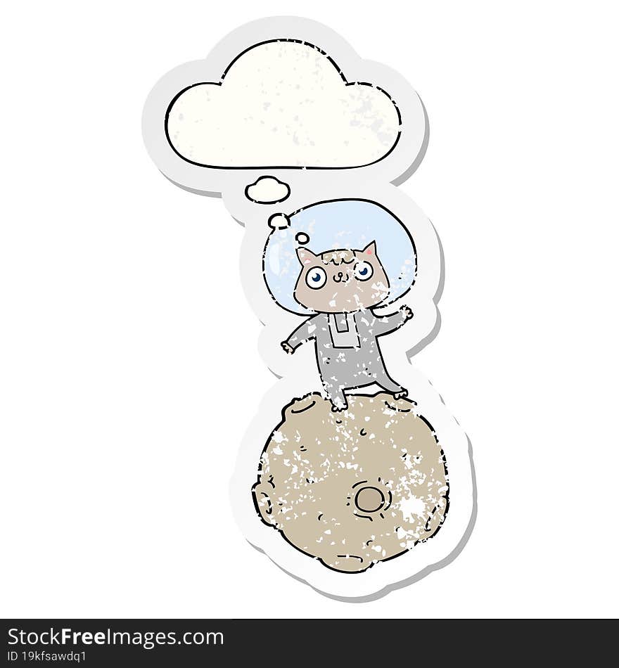 cute cartoon astronaut cat with thought bubble as a distressed worn sticker