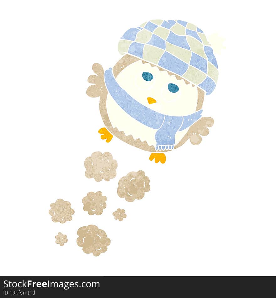 retro cartoon cute little owl flying