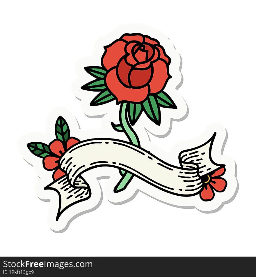 tattoo style sticker with banner of a rose